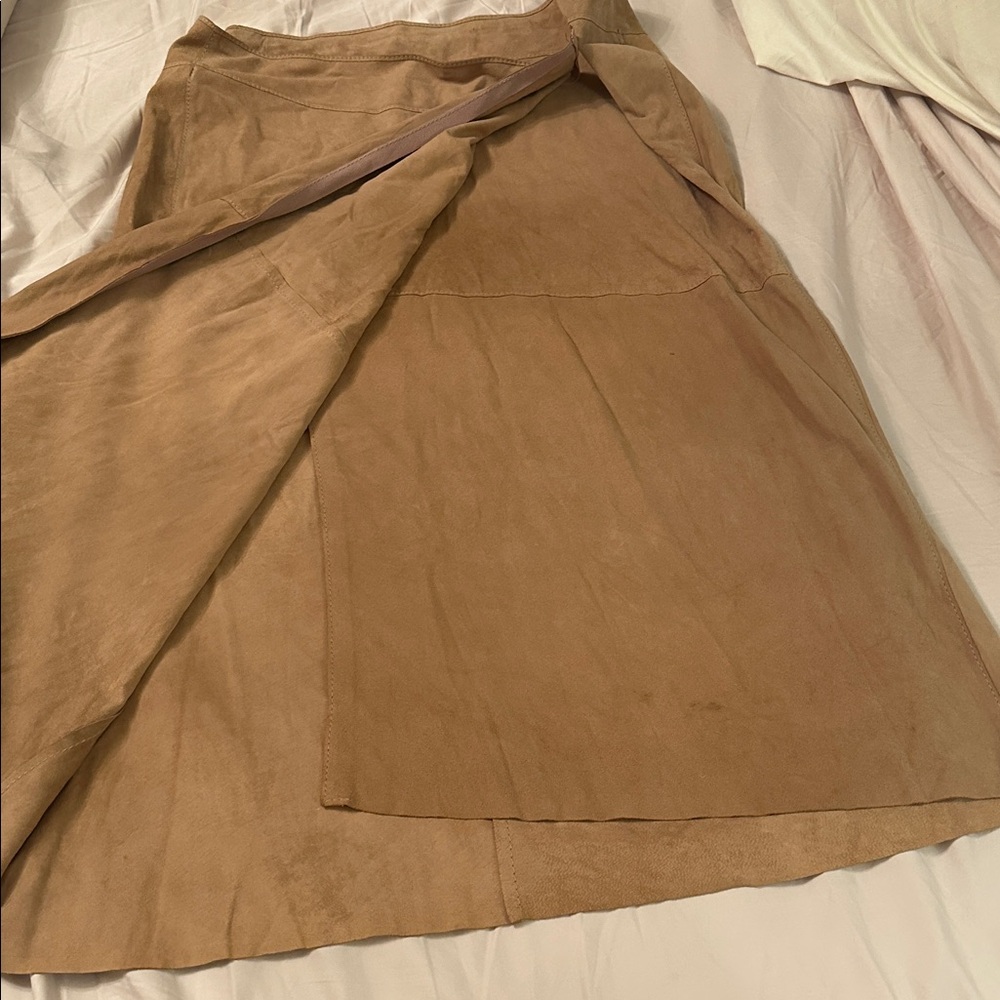 STRENESSE goat suede wrap skirt knee Tan A-Line nwot - Picture 5 of 12